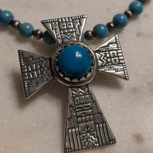 Carolyn Pollack & Roderick Tenorio Cross Enhancer Pendant w/ Turquoise Necklace